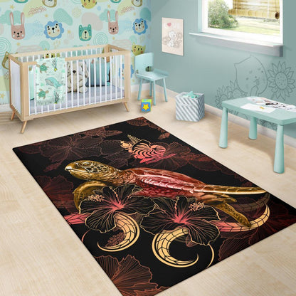 New Caledonia Polynesian Area Rugs - Turtle With Blooming Hibiscus Gold