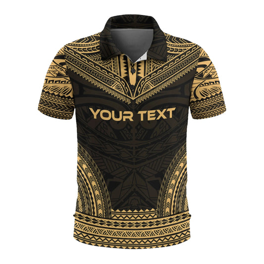 New Caledonia Custom Personalised Polo Shirt - New Caledonia Coat Of Arms Polynesian Chief Tattoo Gold Version