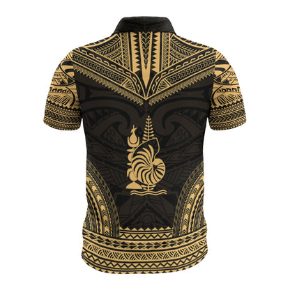 New Caledonia Custom Personalised Polo Shirt - New Caledonia Coat Of Arms Polynesian Chief Tattoo Gold Version