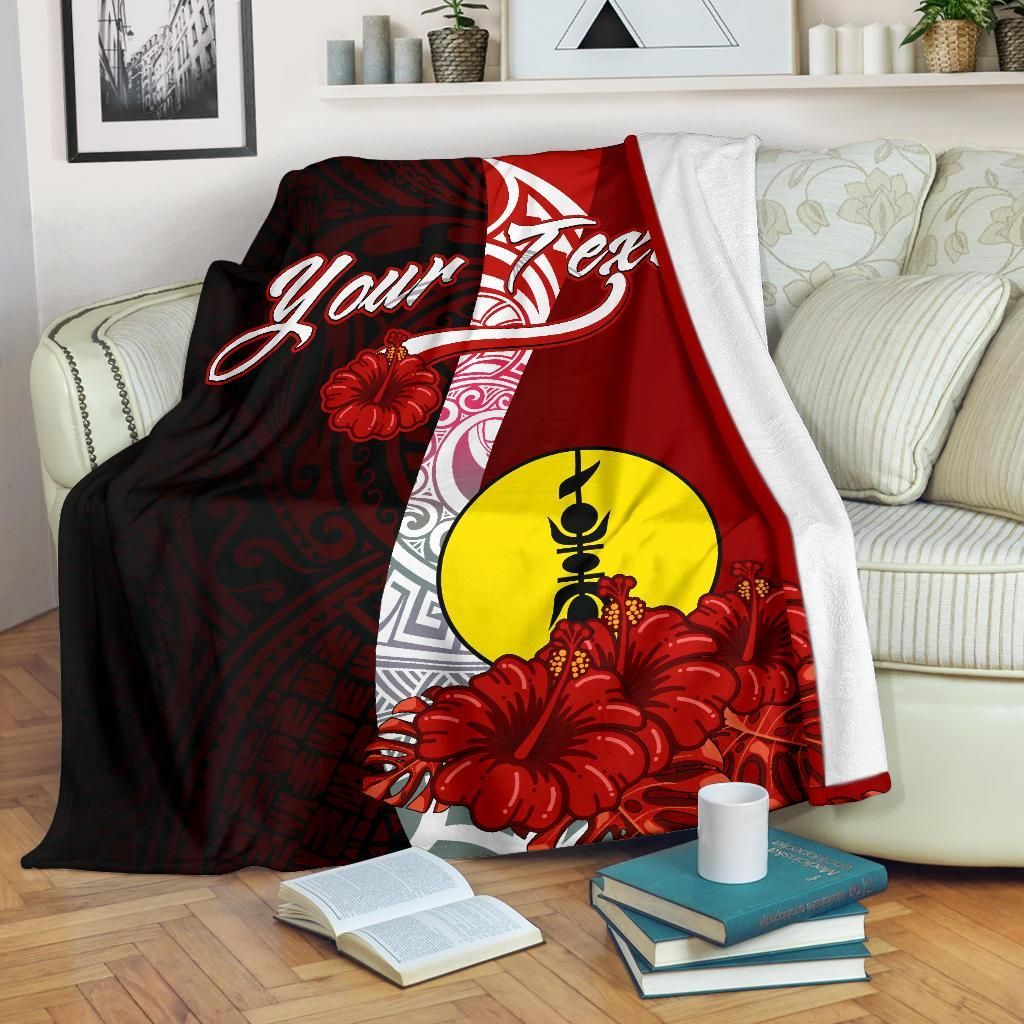 New Caledonia Polynesian Custom Personalised Premium Blanket - Coat Of Arm With Hibiscus