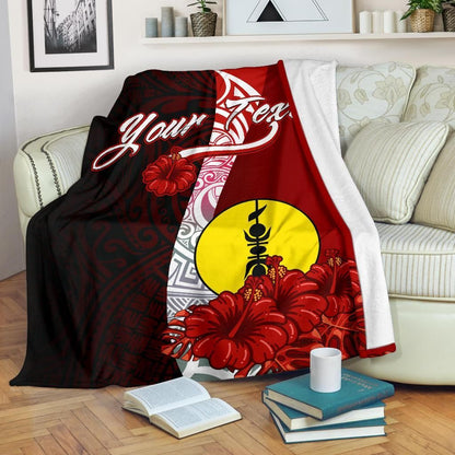 New Caledonia Polynesian Custom Personalised Premium Blanket - Coat Of Arm With Hibiscus