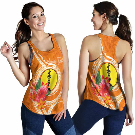 New Caledonia Polynesian Custom Personalised Women Racerback Tank - Orange Floral With Seal
