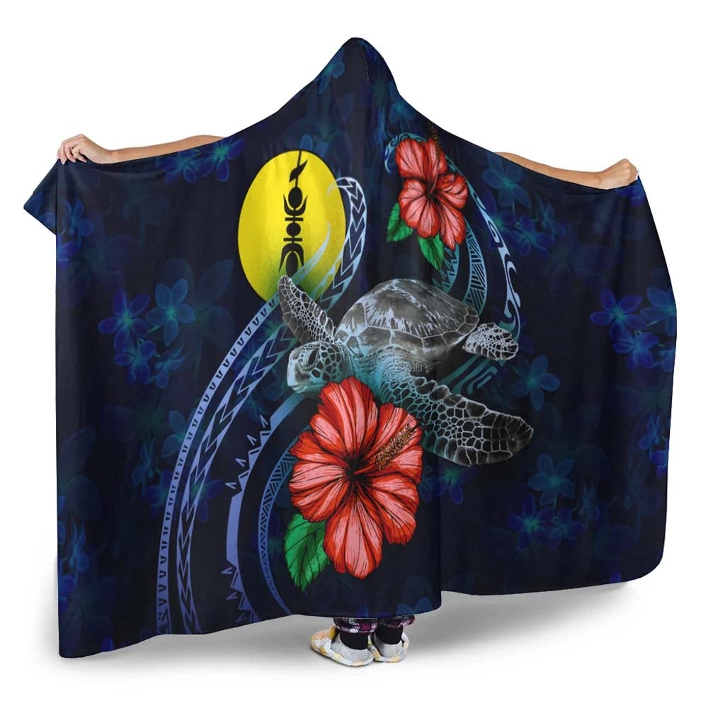 New Caledonia Polynesian Hooded Blanket - Blue Turtle Hibiscus