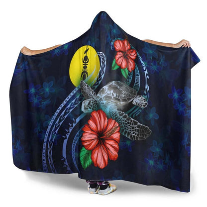 New Caledonia Polynesian Hooded Blanket - Blue Turtle Hibiscus