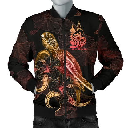 New Caledonia Polynesian Bomber Jacket - Turtle With Blooming Hibiscus Gold