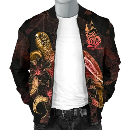 New Caledonia Polynesian Bomber Jacket - Turtle With Blooming Hibiscus Gold