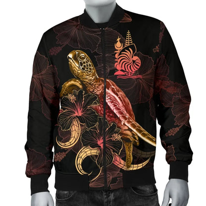 New Caledonia Polynesian Bomber Jacket - Turtle With Blooming Hibiscus Gold