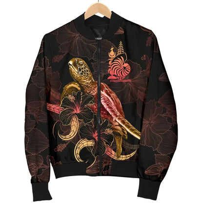 New Caledonia Polynesian Bomber Jacket - Turtle With Blooming Hibiscus Gold