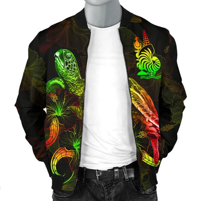 New Caledonia Polynesian Bomber Jacket - Turtle With Blooming Hibiscus Reggae