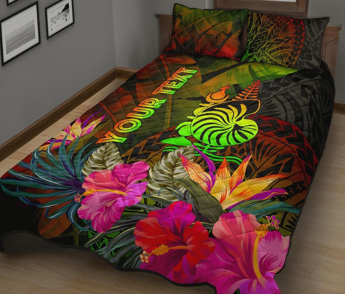 New Caledonia Polynesian Personalised Quilt Bed Set - Hibiscus and Banana Leaves