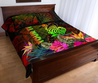 New Caledonia Polynesian Personalised Quilt Bed Set - Hibiscus and Banana Leaves