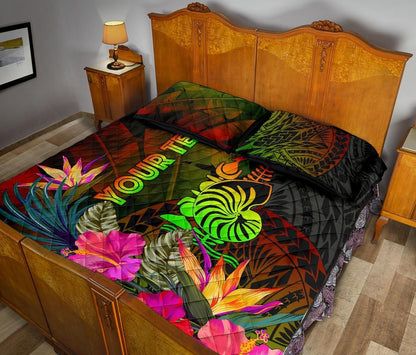 New Caledonia Polynesian Personalised Quilt Bed Set - Hibiscus and Banana Leaves