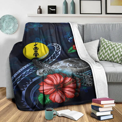 New Caledonia Polynesian Premium Blanket - Blue Turtle Hibiscus