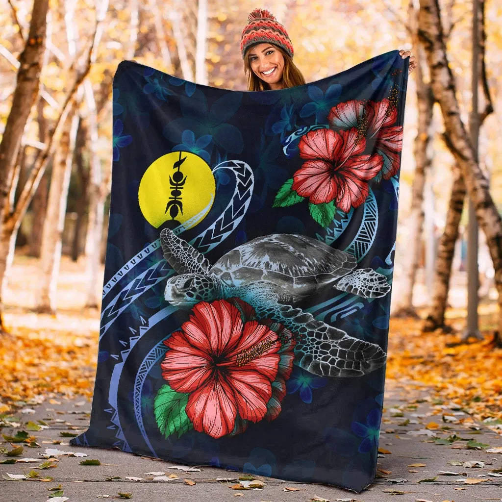 New Caledonia Polynesian Premium Blanket - Blue Turtle Hibiscus