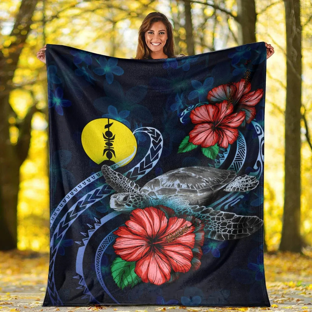 New Caledonia Polynesian Premium Blanket - Blue Turtle Hibiscus
