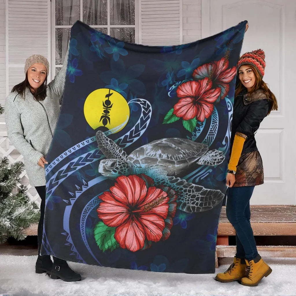 New Caledonia Polynesian Premium Blanket - Blue Turtle Hibiscus