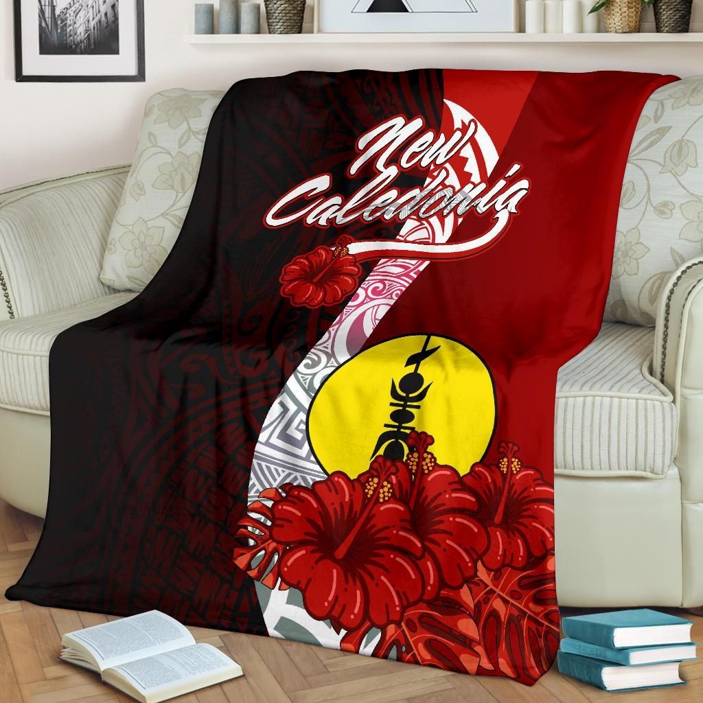 New Caledonia Polynesian Premium Blanket - Coat Of Arm With Hibiscus