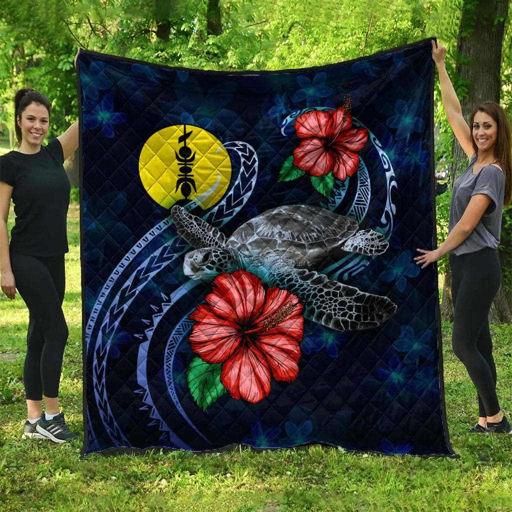 New Caledonia Polynesian Premium Quilt - Blue Turtle Hibiscus