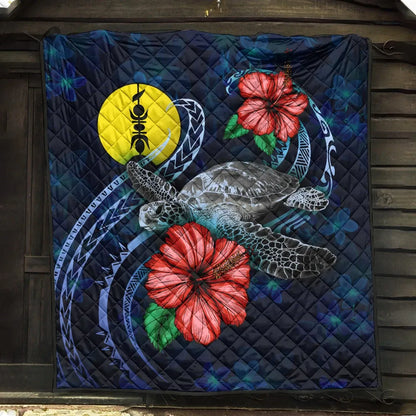 New Caledonia Polynesian Premium Quilt - Blue Turtle Hibiscus