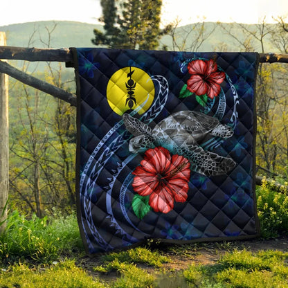 New Caledonia Polynesian Premium Quilt - Blue Turtle Hibiscus