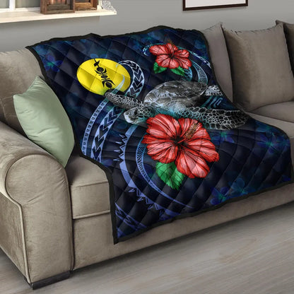 New Caledonia Polynesian Premium Quilt - Blue Turtle Hibiscus