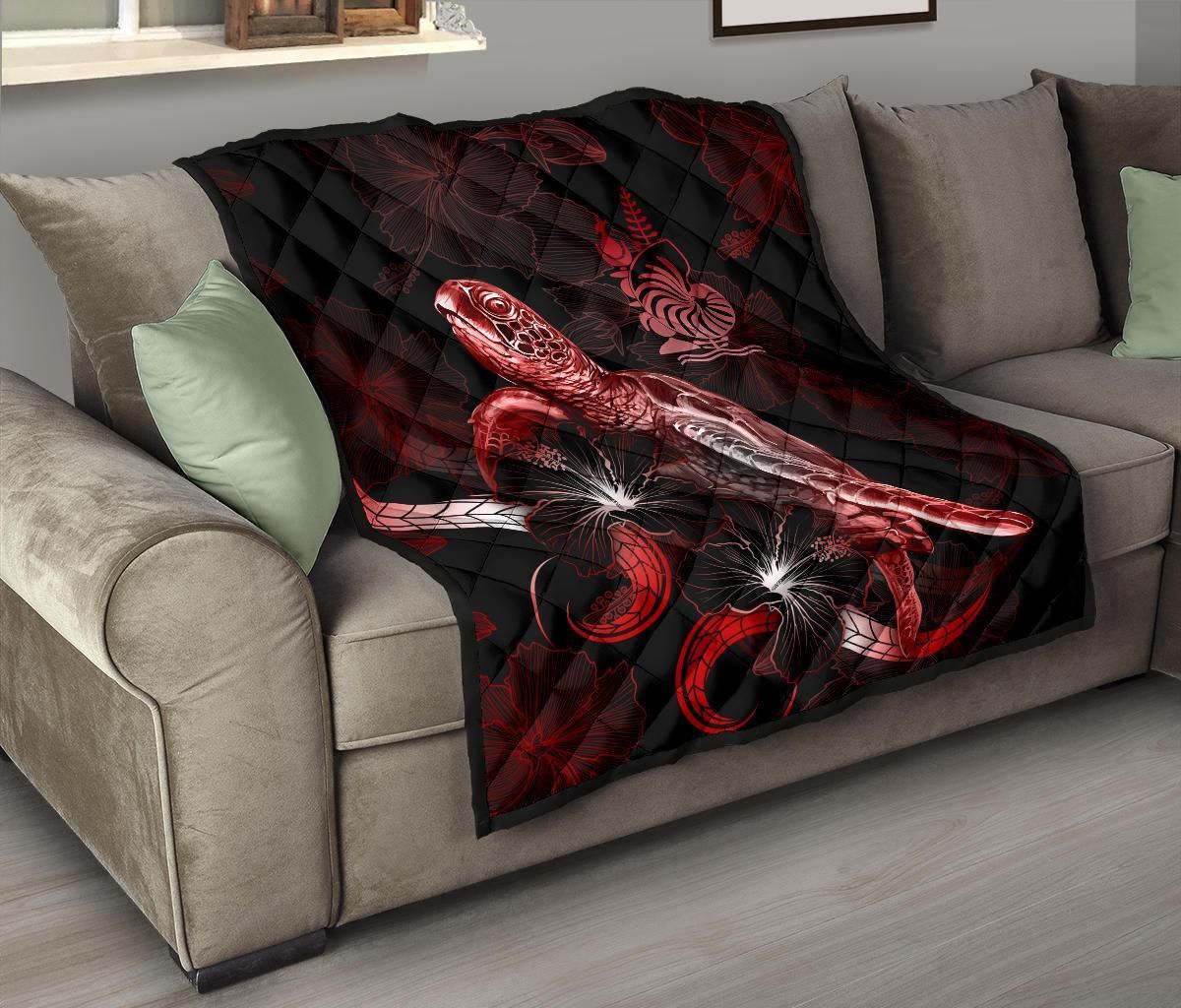 New Caledonia Polynesian Premium Quilt - Turtle With Blooming Hibiscus Red