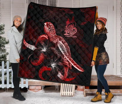 New Caledonia Polynesian Premium Quilt - Turtle With Blooming Hibiscus Red