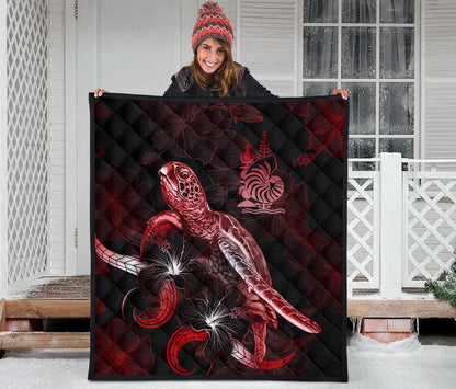 New Caledonia Polynesian Premium Quilt - Turtle With Blooming Hibiscus Red