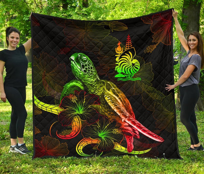 New Caledonia Polynesian Premium Quilt - Turtle With Blooming Hibiscus Reggae