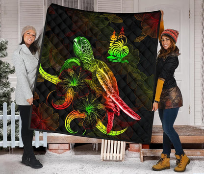 New Caledonia Polynesian Premium Quilt - Turtle With Blooming Hibiscus Reggae