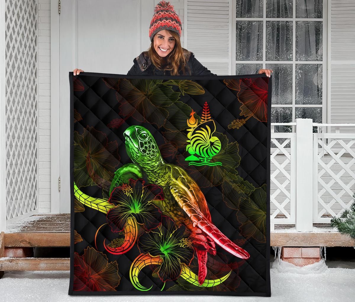 New Caledonia Polynesian Premium Quilt - Turtle With Blooming Hibiscus Reggae