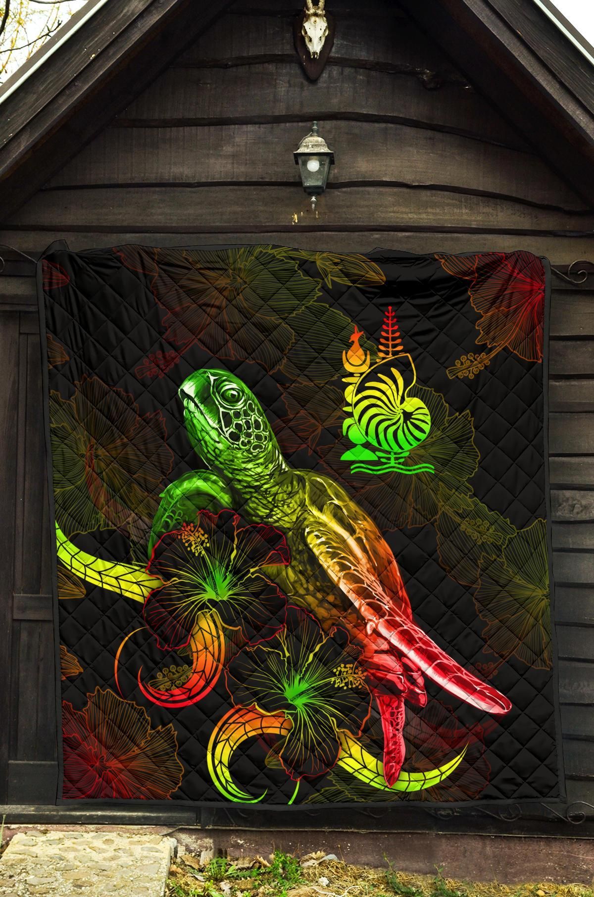New Caledonia Polynesian Premium Quilt - Turtle With Blooming Hibiscus Reggae