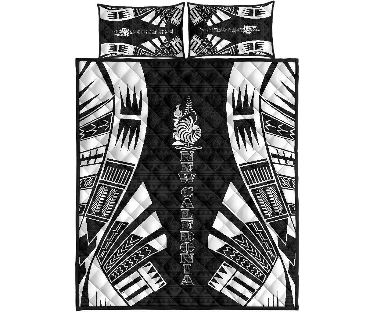 New Caledonia Quilt Bed Set - New Caledonia Coat Of Arms & Polynesian White Tattoo Style