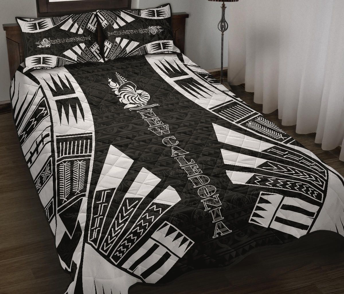 New Caledonia Quilt Bed Set - New Caledonia Coat Of Arms & Polynesian White Tattoo Style