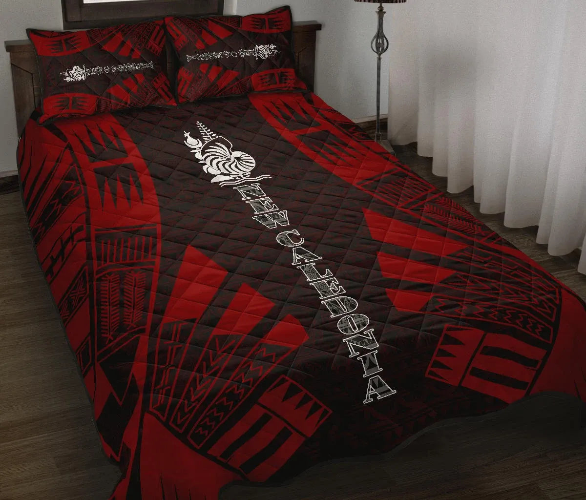 New Caledonia Quilt Bed Set - New Caledonia Coat Of Arms & Polynesian Red Tattoo Style