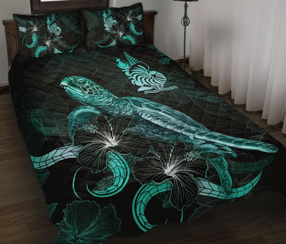 New Caledonia Polynesian Quilt Bed Set - Turtle With Blooming Hibiscus Turquoise