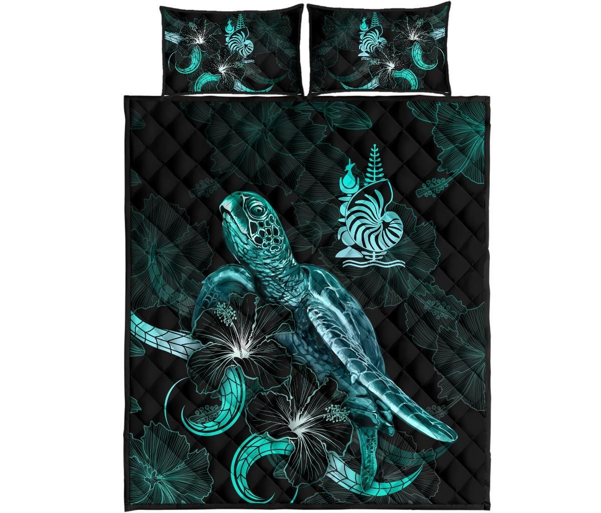 New Caledonia Polynesian Quilt Bed Set - Turtle With Blooming Hibiscus Turquoise