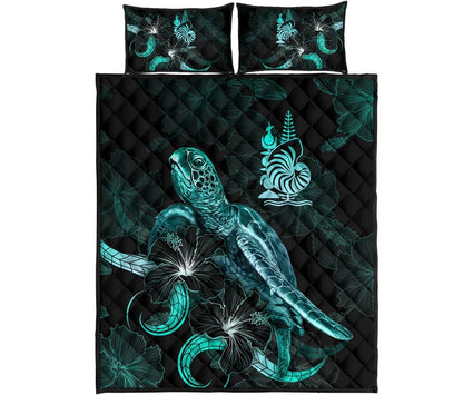 New Caledonia Polynesian Quilt Bed Set - Turtle With Blooming Hibiscus Turquoise