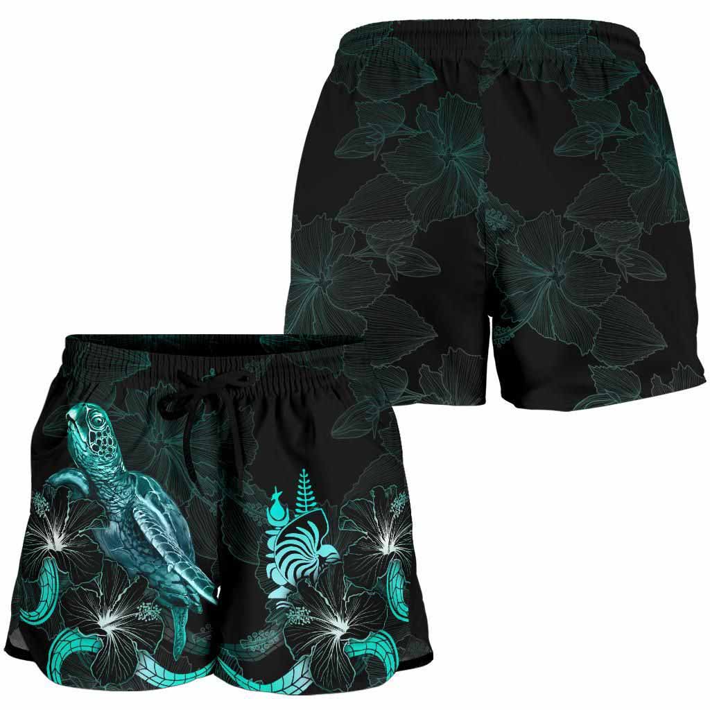 New Caledonia Polynesian Women Shorts - Turtle With Blooming Hibiscus Turquoise