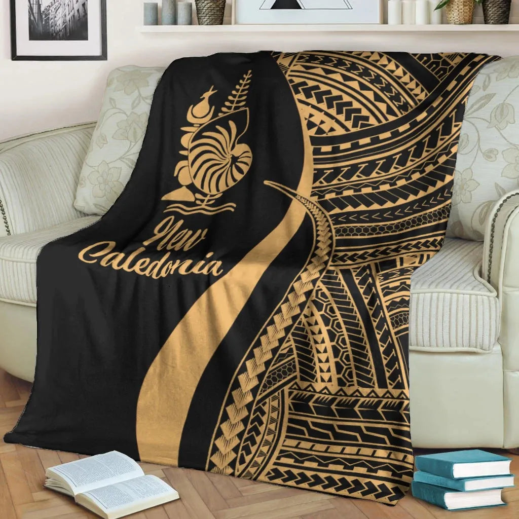 New Caledonia Premium Blanket - Gold Polynesian Tentacle Tribal Pattern Crest