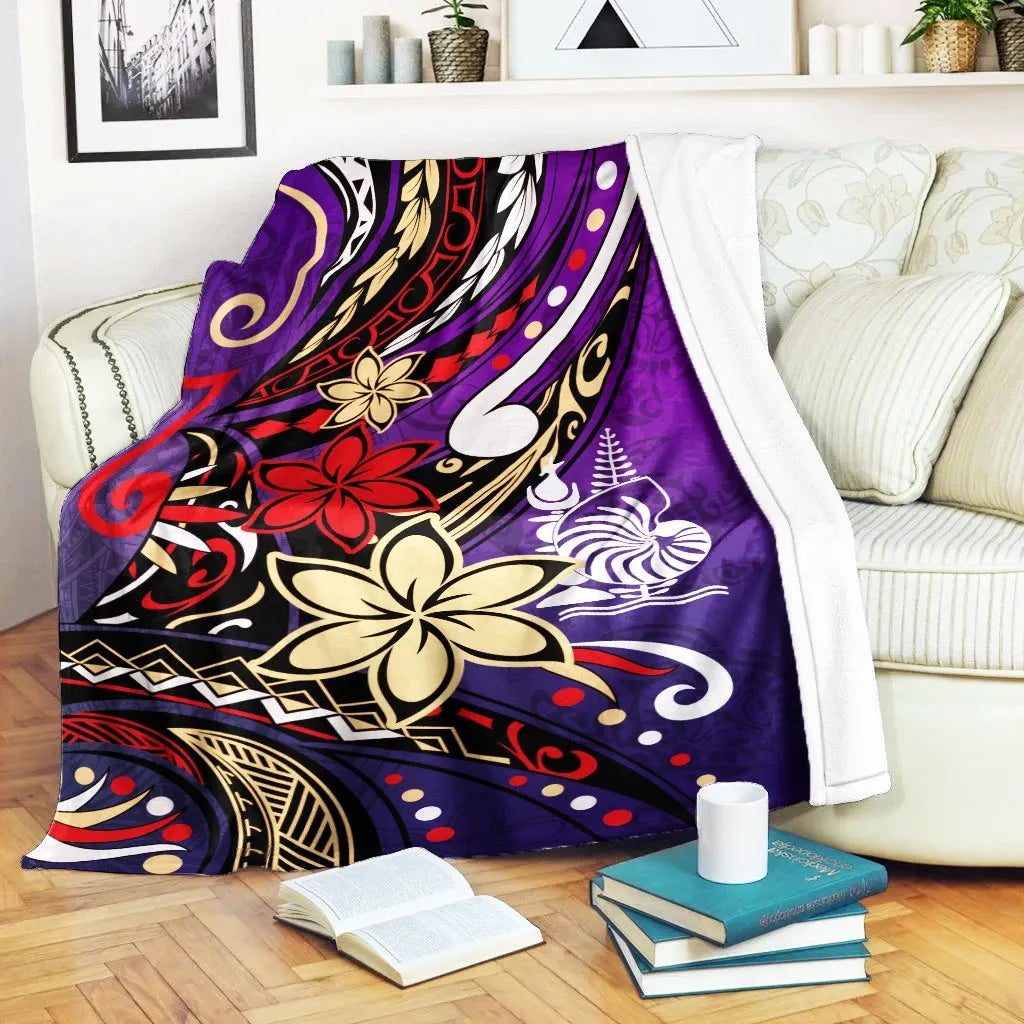New Caledonia Premium Blanket - Tribal Flower With Special Turtles Purple Color