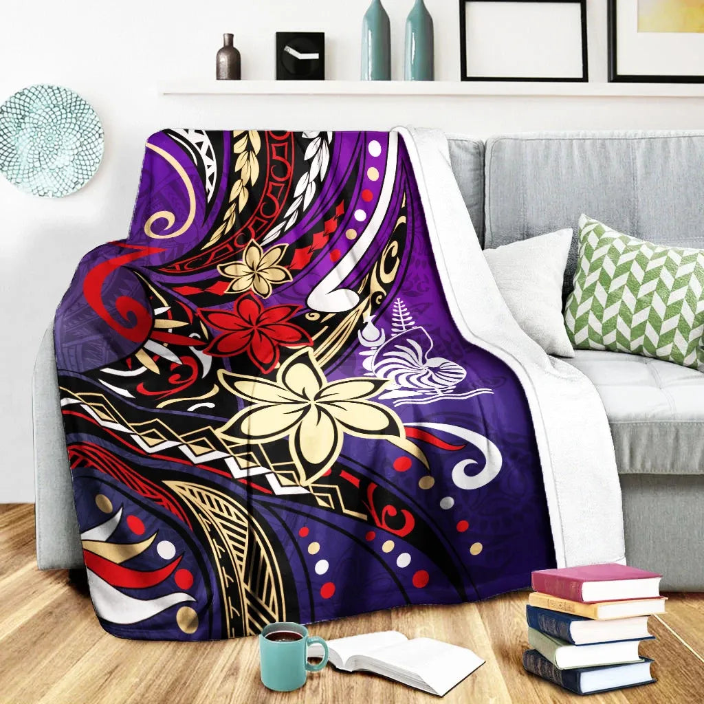 New Caledonia Premium Blanket - Tribal Flower With Special Turtles Purple Color