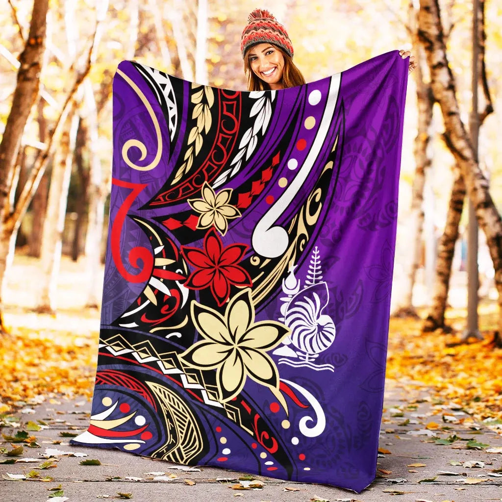 New Caledonia Premium Blanket - Tribal Flower With Special Turtles Purple Color
