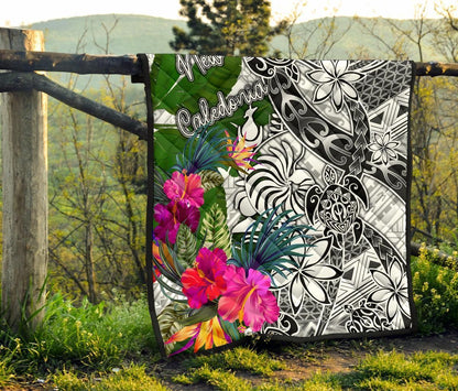 New Caledonia Premium Quilt White - Turtle Plumeria Banana Leaf Crest