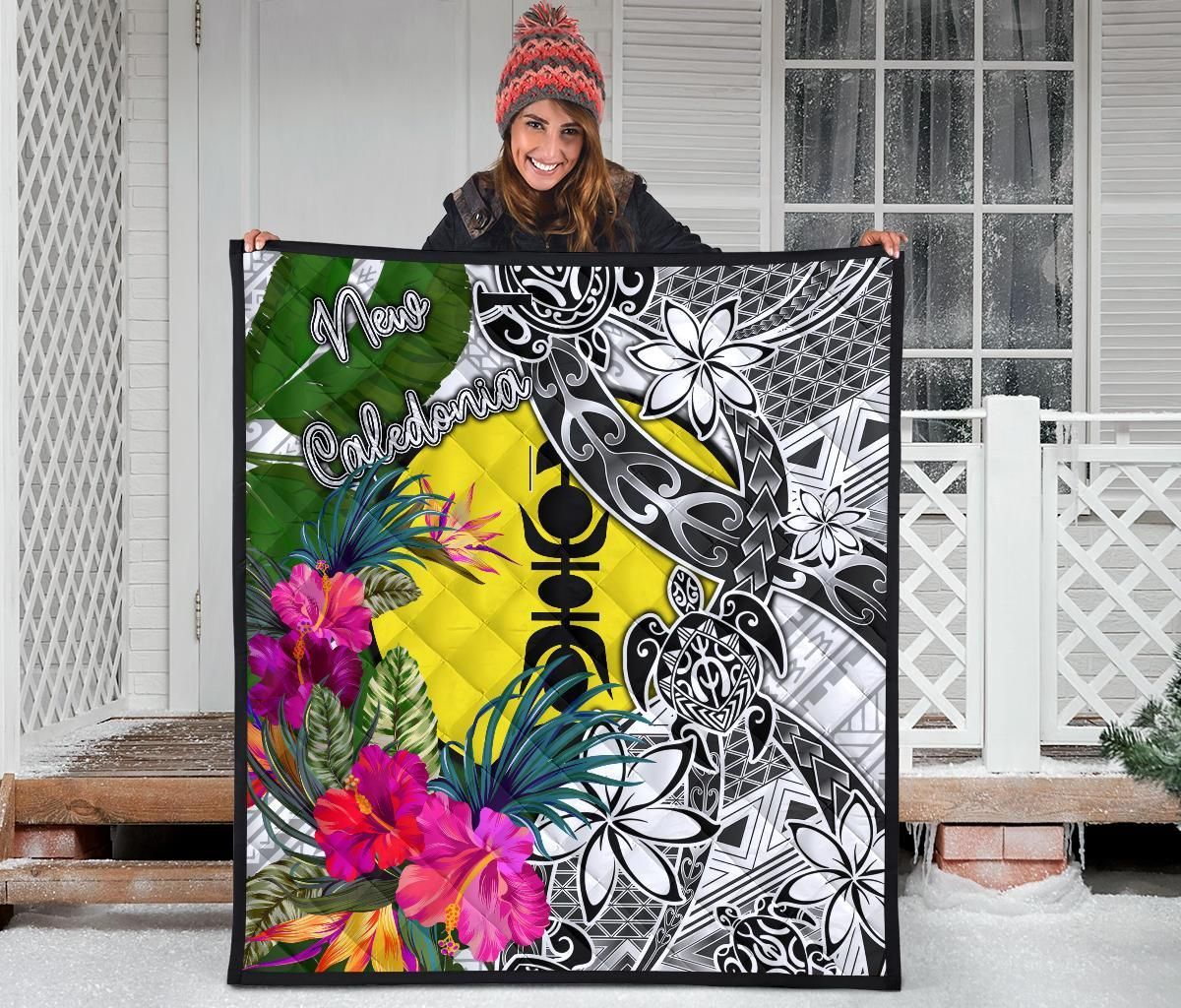 New Caledonia Premium Quilt White - Turtle Plumeria Banana Leaf