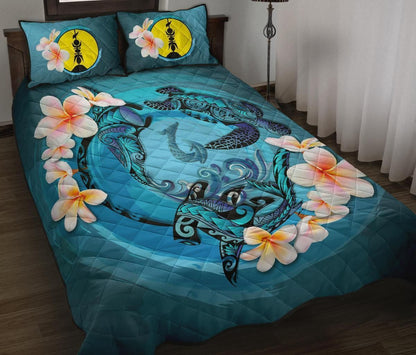 New Caledonia Polynesian Quilt Bed Set - Blue Plumeria Animal Tattoo