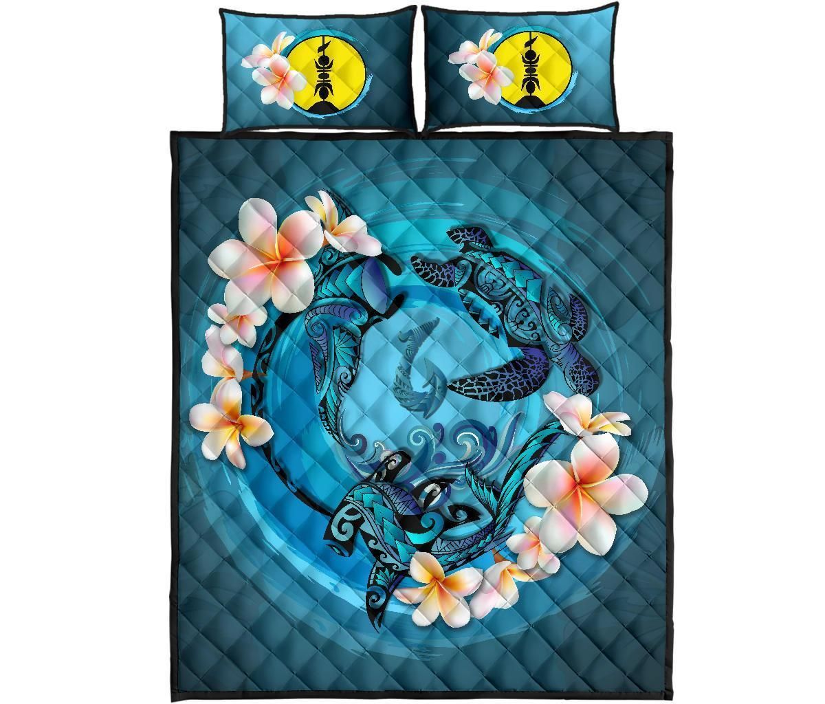 New Caledonia Polynesian Quilt Bed Set - Blue Plumeria Animal Tattoo