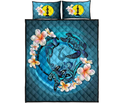 New Caledonia Polynesian Quilt Bed Set - Blue Plumeria Animal Tattoo