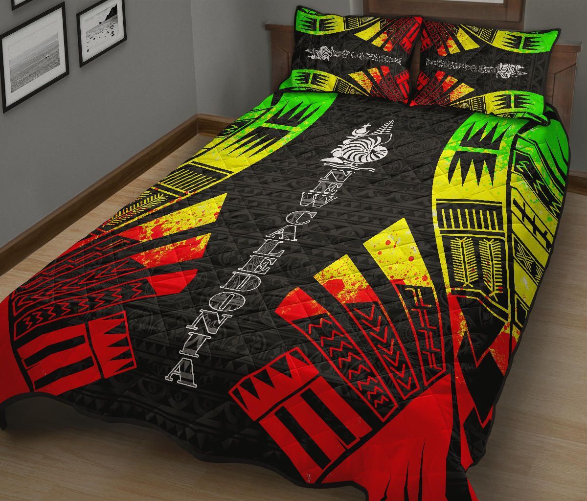 New Caledonia Quilt Bed Set - New Caledonia Coat Of Arms & Polynesian Reggae Tattoo Style