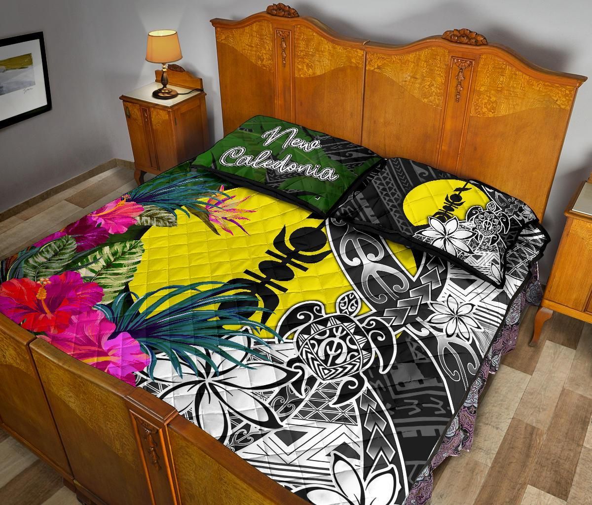 New Caledonia Quilt Bed Set - Turtle Plumeria Banana Leaf